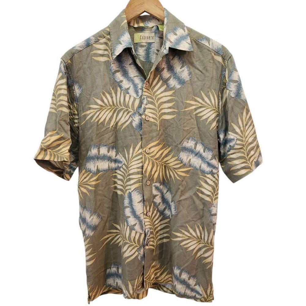 Cubavera silk button front short sleeveshirt olive plaid palm leaf print small